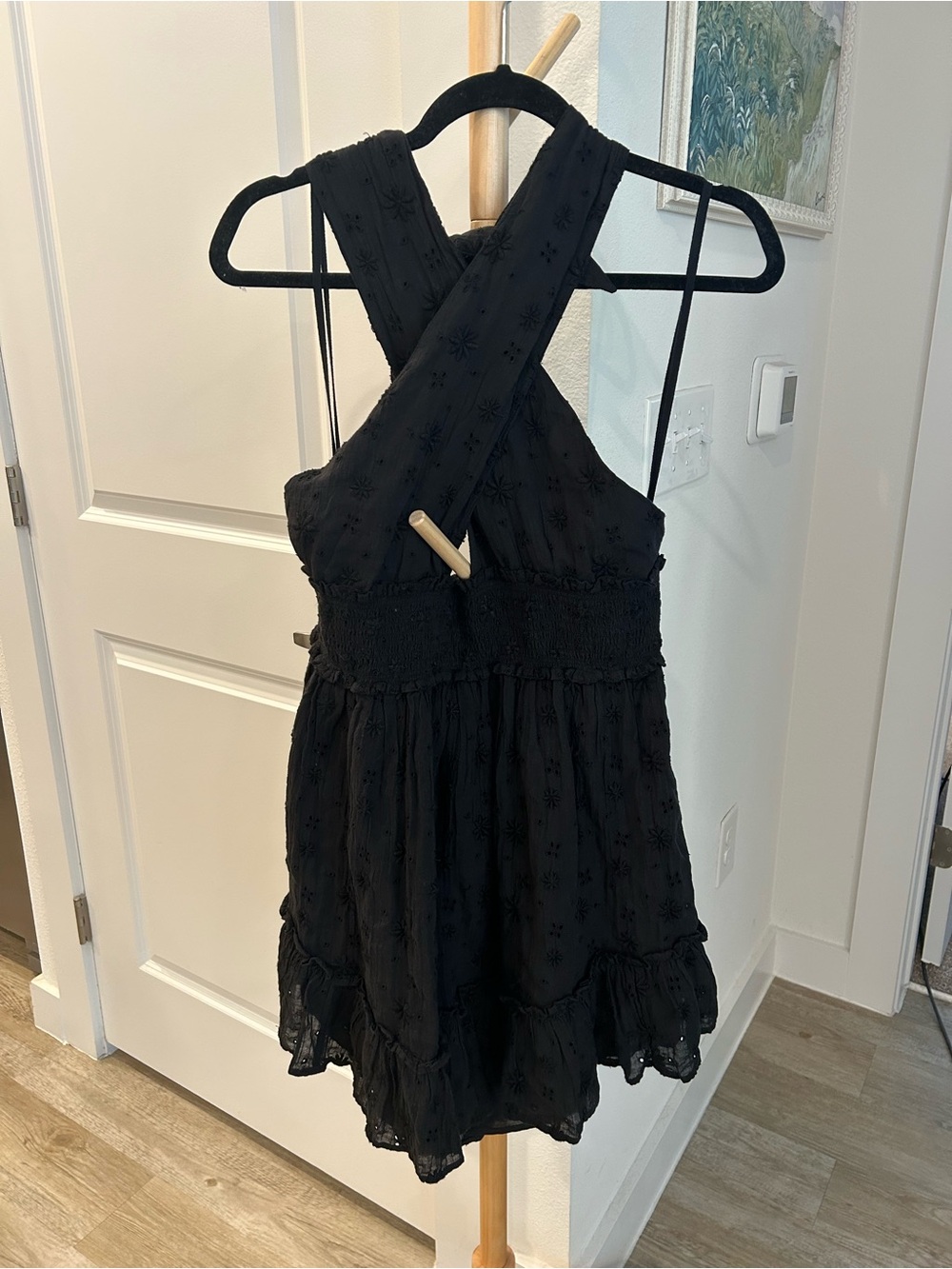 Black Eyelet Halter Cross Mini Dress